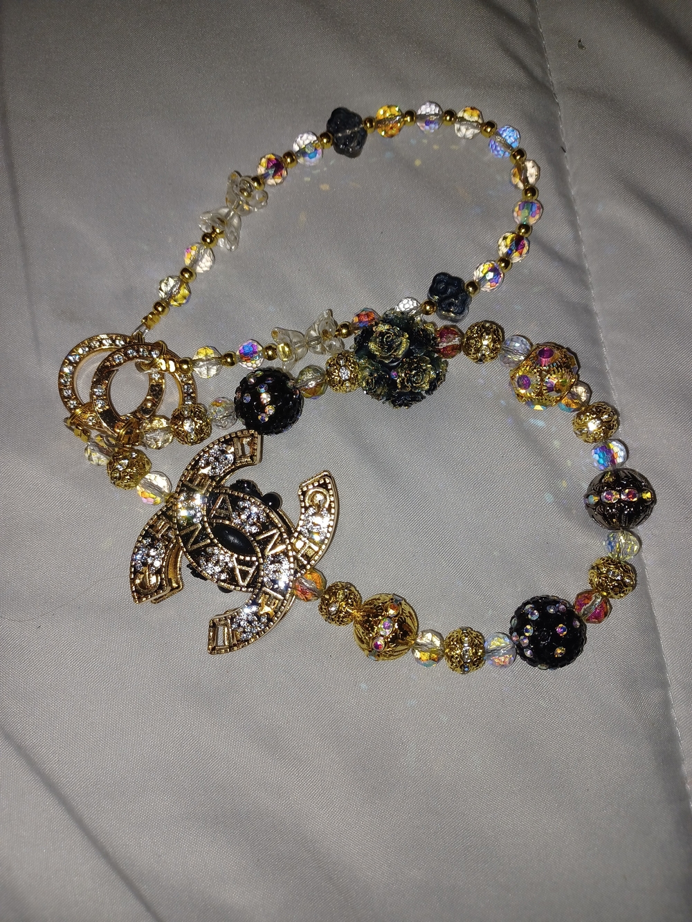 Boutique resin glass and crystal-embellished CC beaded long necklace